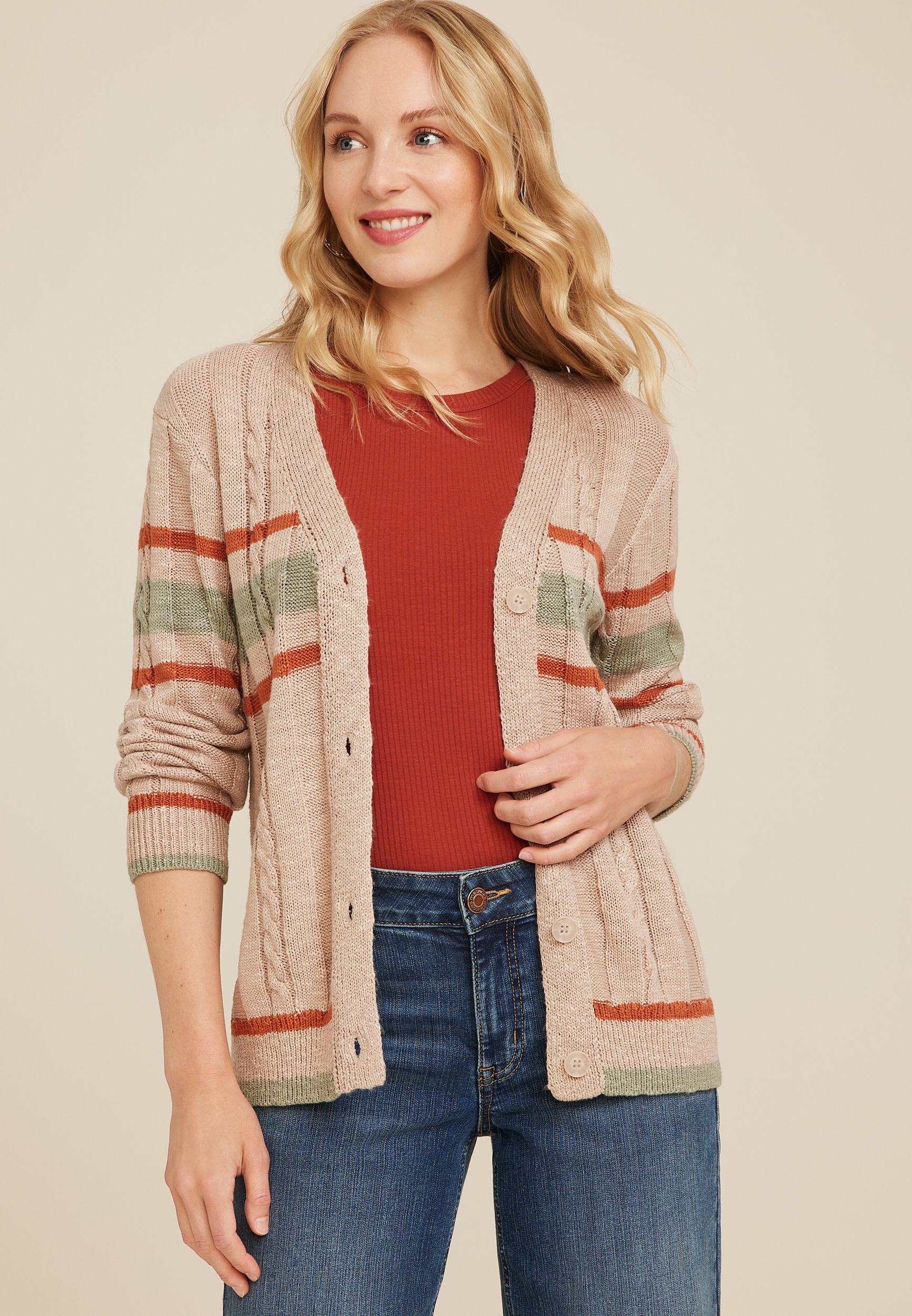 Prep Striped Cable Knit Button Down Cardigan