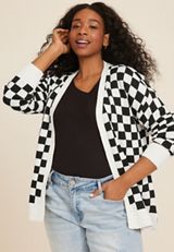 Plus Size Checkered Cardigan, ECRU COMBO, small