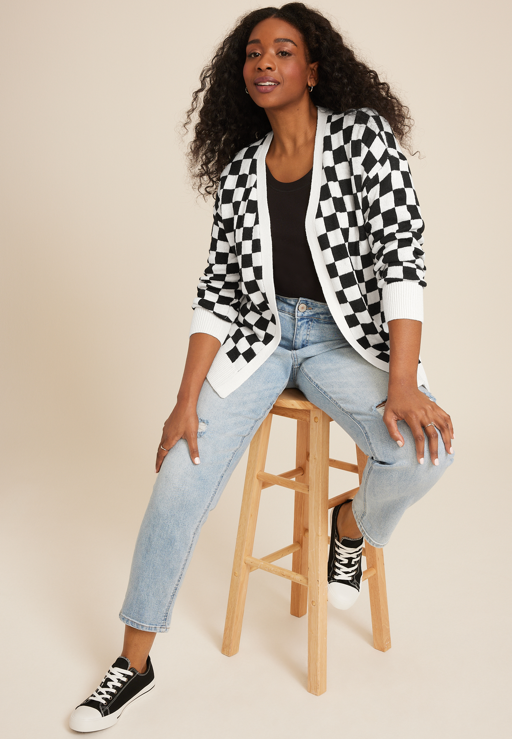 Plus Size Checkered Cardigan, ECRU COMBO, large