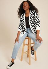 Plus Size Checkered Cardigan, ECRU COMBO, small
