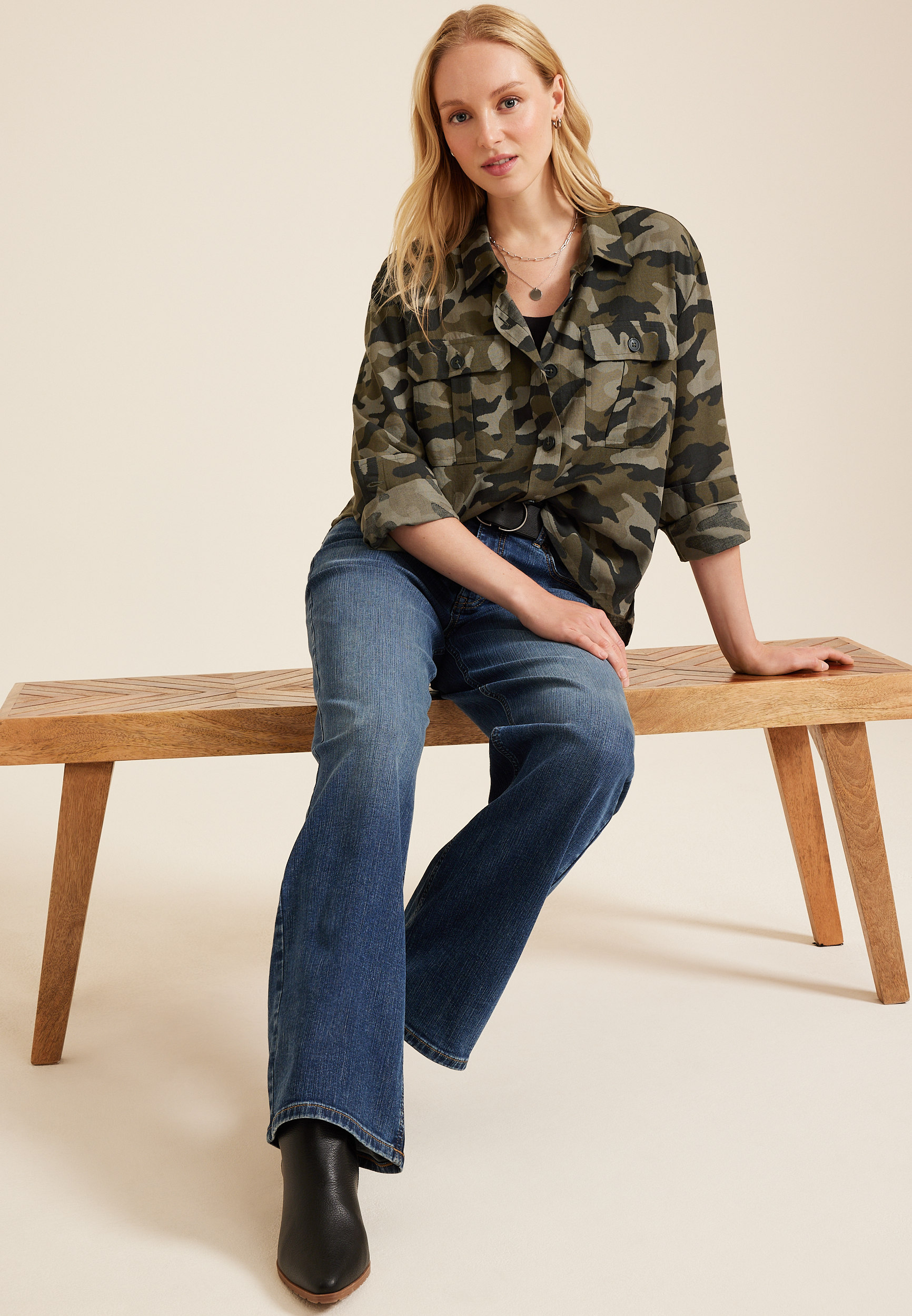 Shortie Utility Camo Button Up Shirt, C1755, large