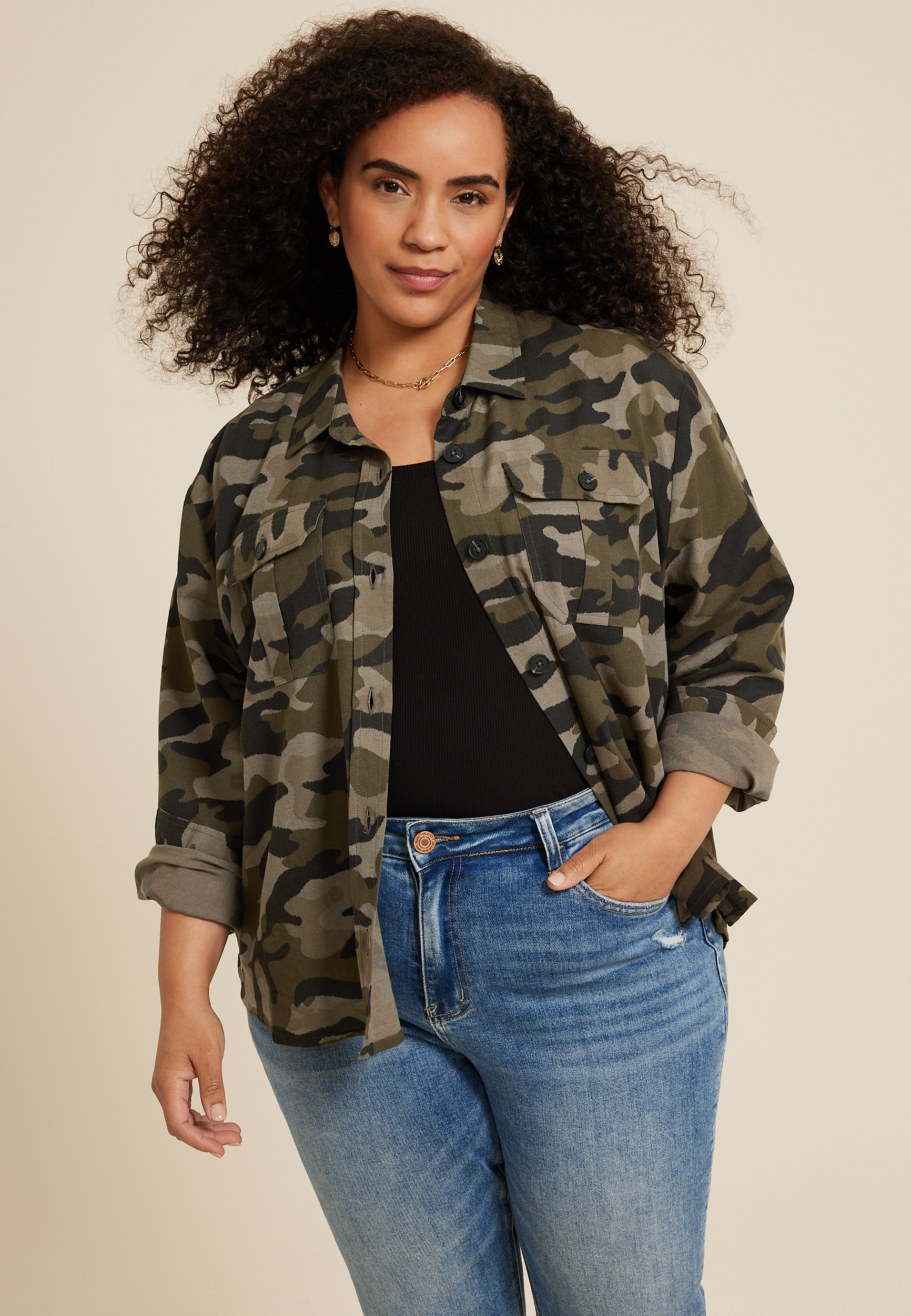 Plus Size Shortie Utility Camo Button Up Shirt maurices