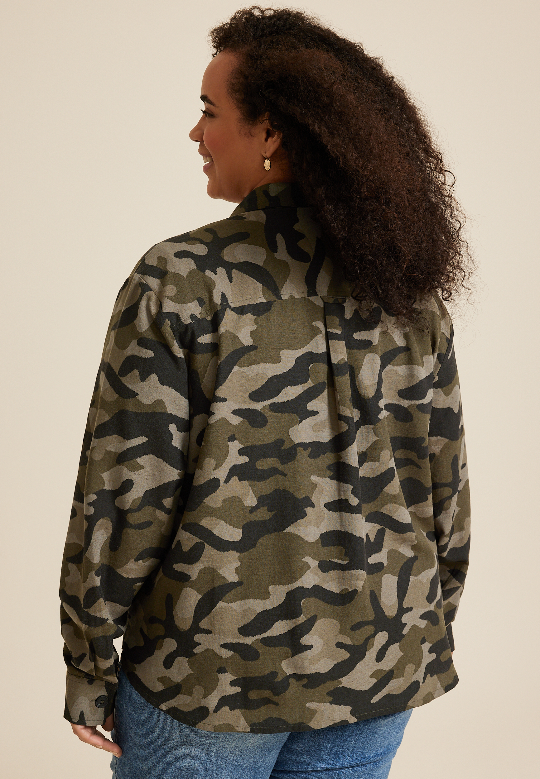 Plus Size Shortie Utility Camo Button Up Shirt, C1755, large