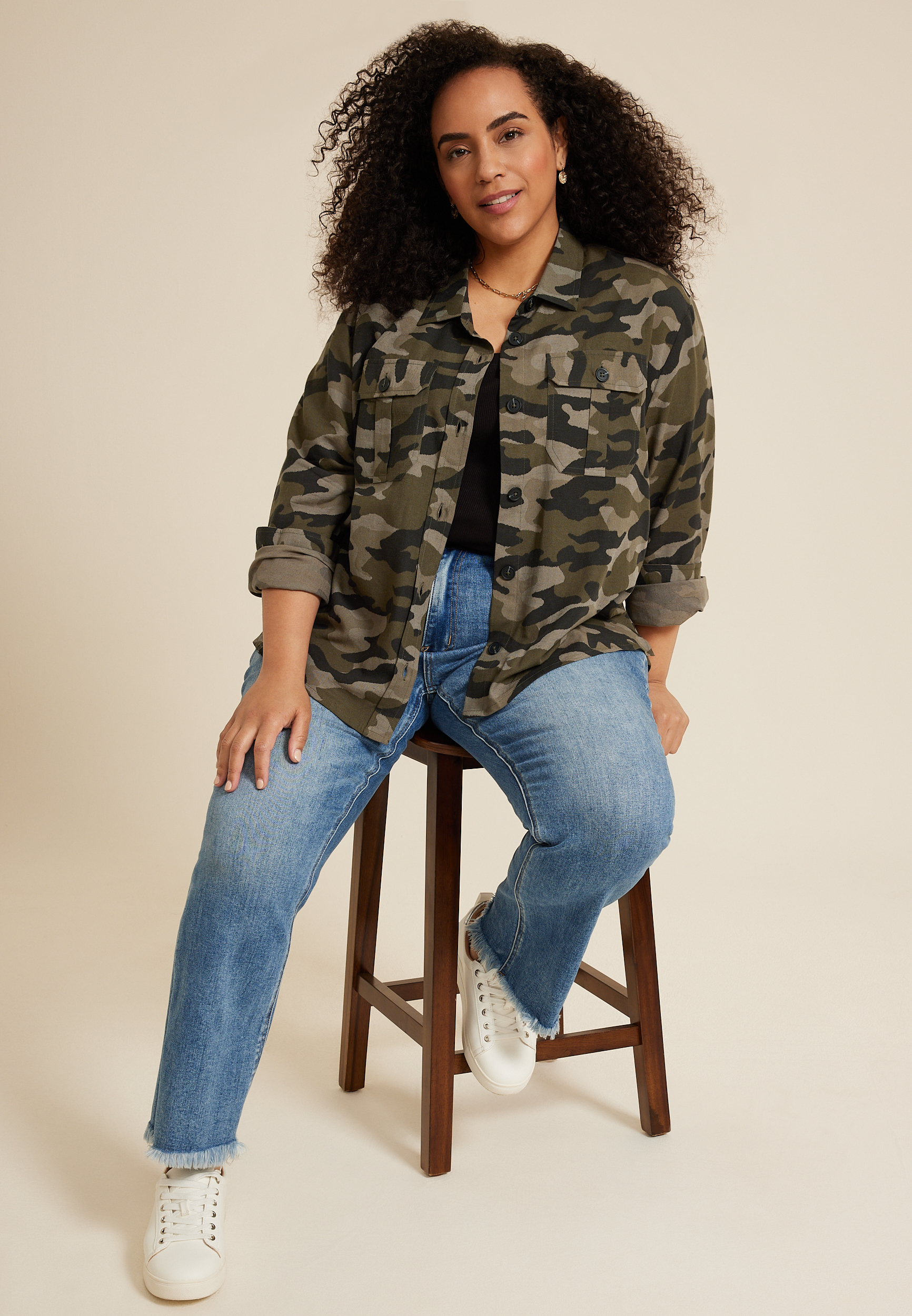 Plus Size Shortie Utility Camo Button Up Shirt, C1755, large