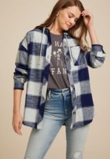 Cabin Plaid Hooded Button Down Shirt, NAVY COMBO, small