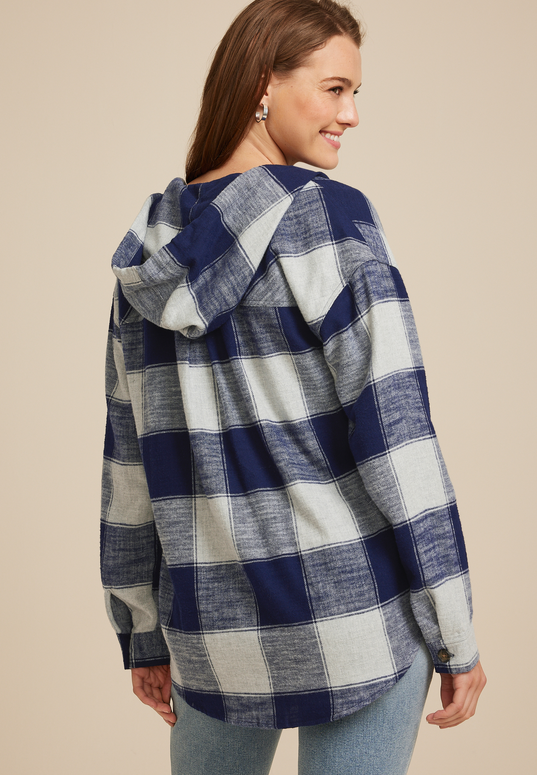 Cabin Plaid Hooded Button Down Shirt, NAVY COMBO, large