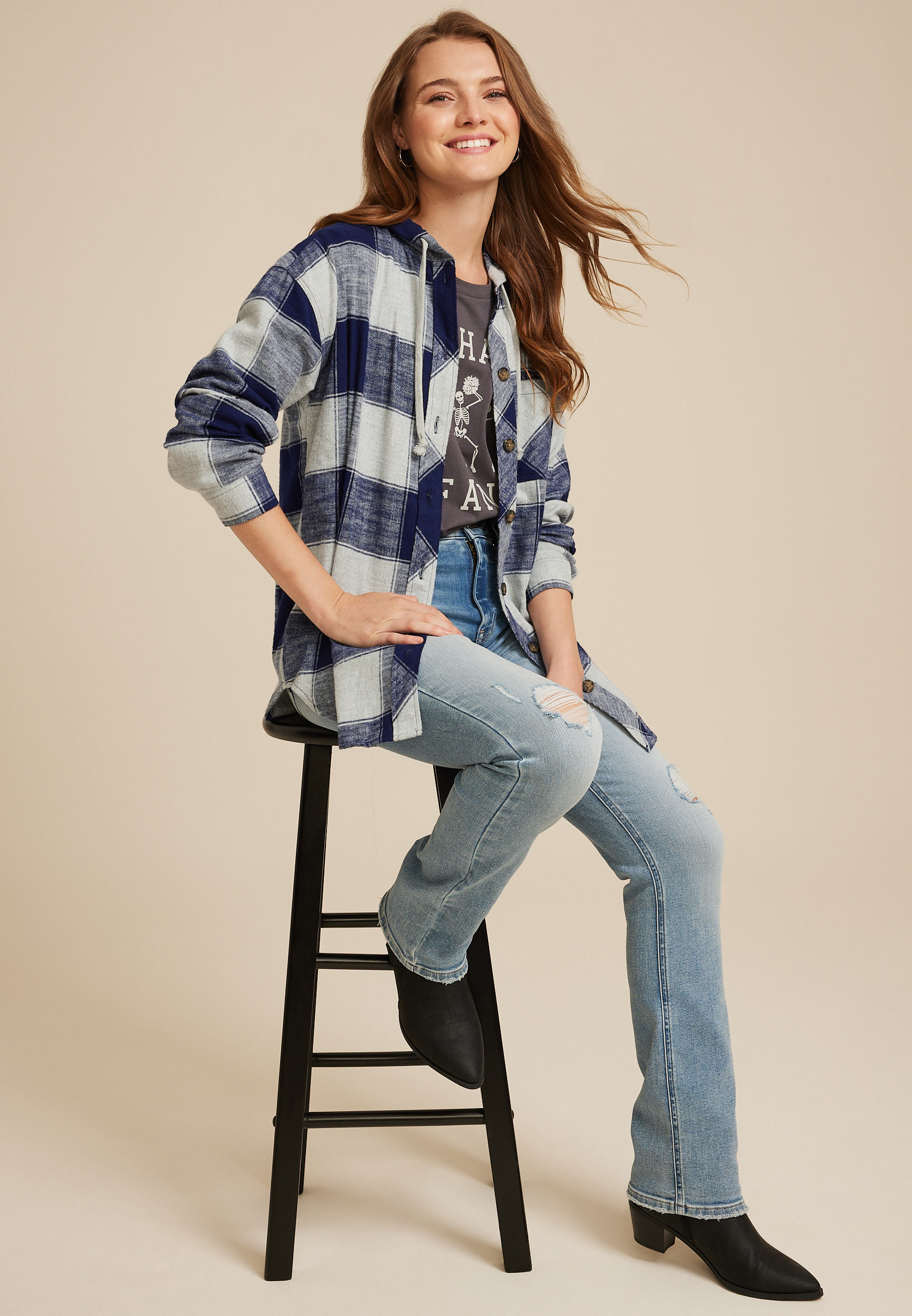 Cabin Plaid Hooded Button Down Shirt, NAVY COMBO, large