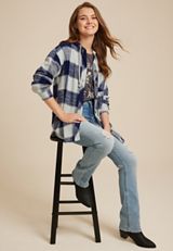 Cabin Plaid Hooded Button Down Shirt, NAVY COMBO, small