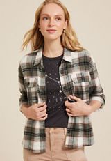 Shortie Utility Plaid Button Down Shirt, SOFT WHITE COMBO, small