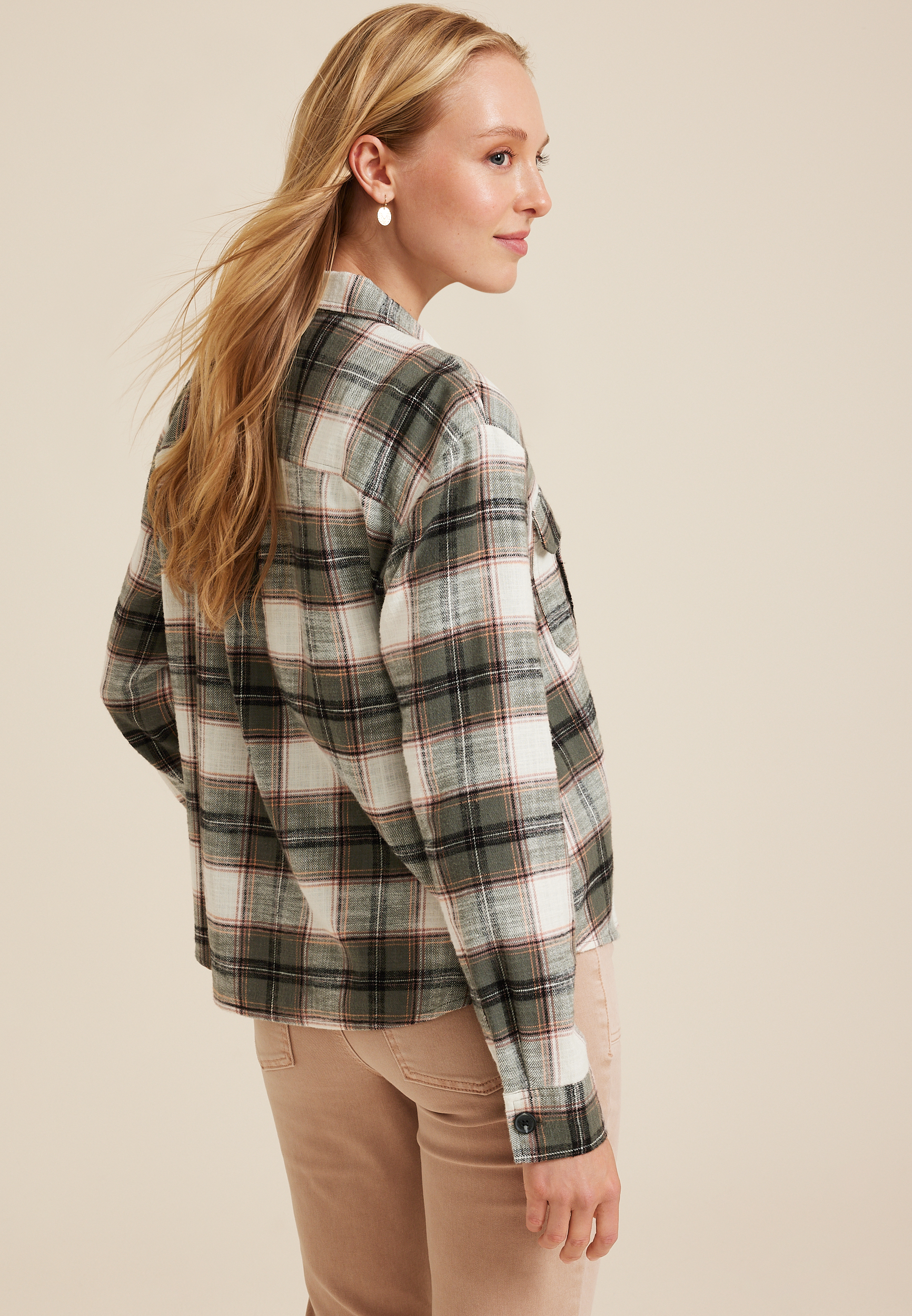 Shortie Utility Plaid Button Down Shirt, SOFT WHITE COMBO, large