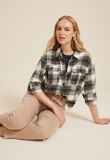 Shortie Utility Plaid Button Down Shirt, SOFT WHITE COMBO, small