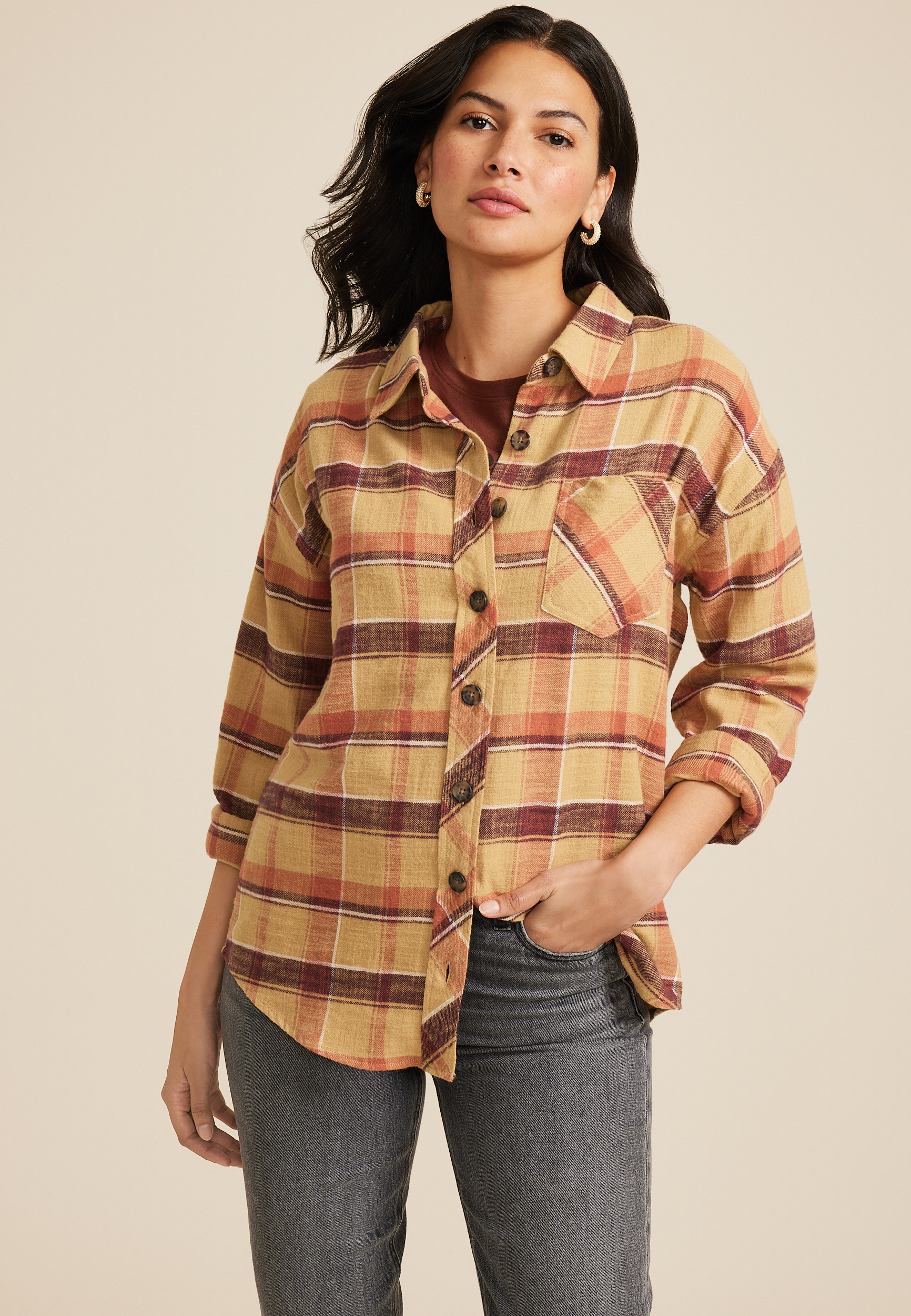 Plaid Pumpkin Graphic Back Oversized Button Down Shirt