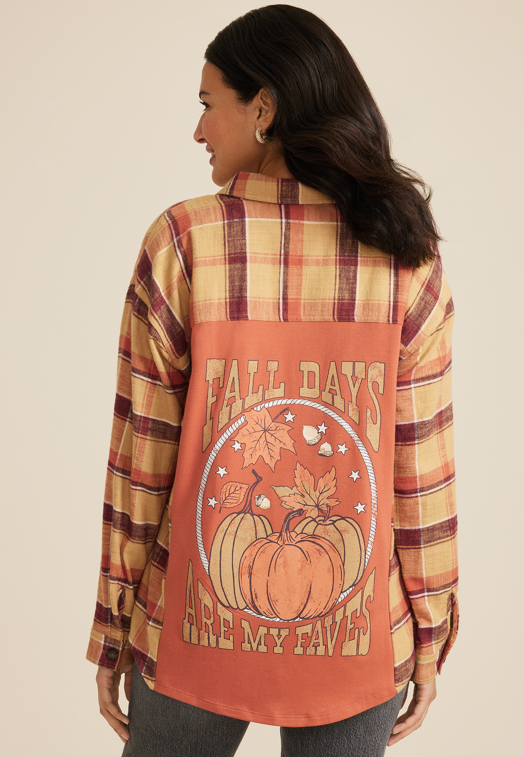 Plaid Pumpkin Graphic Back Oversized Button Down Shirt, C9195, large