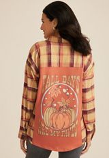 Plaid Pumpkin Graphic Back Oversized Button Down Shirt, C9195, small