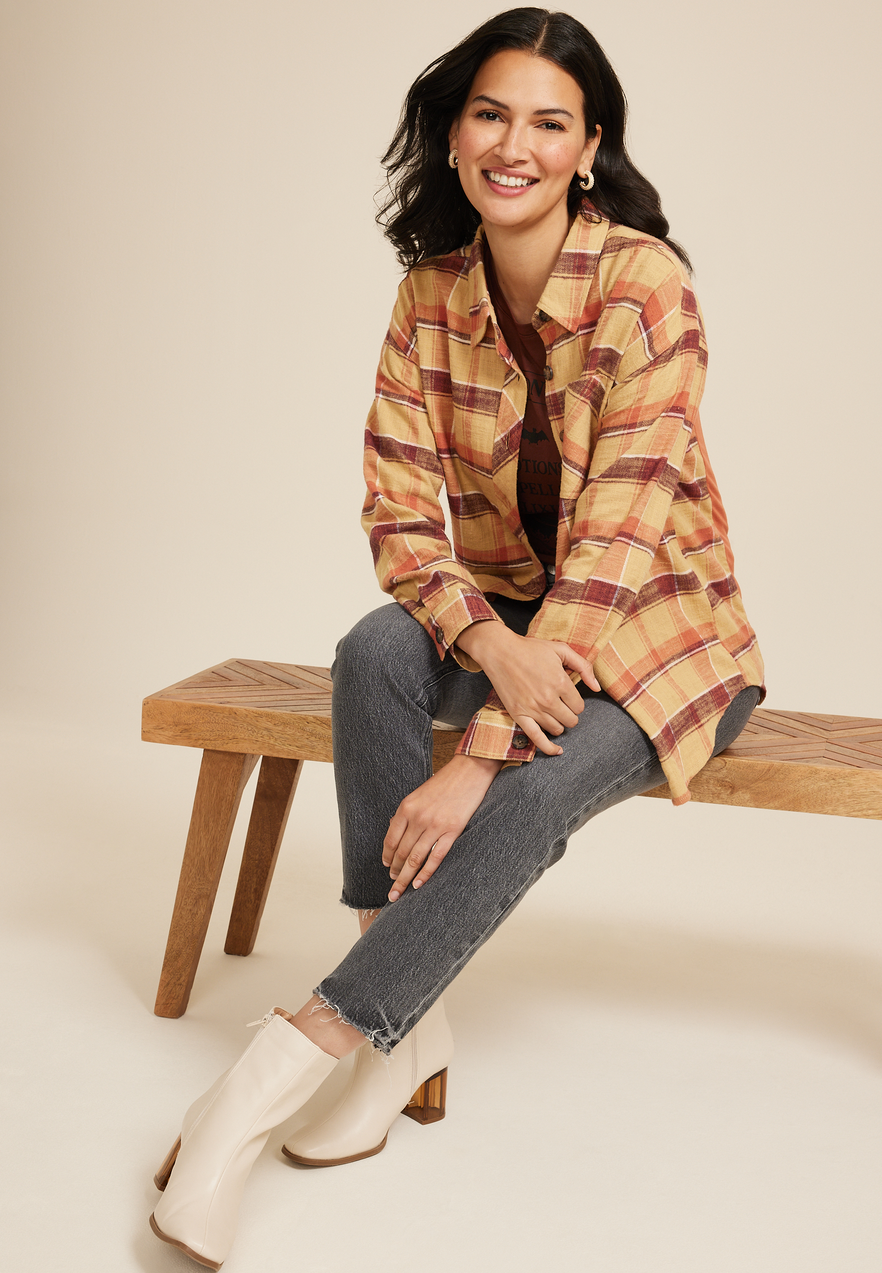 Plaid Pumpkin Graphic Back Oversized Button Down Shirt, C9195, large