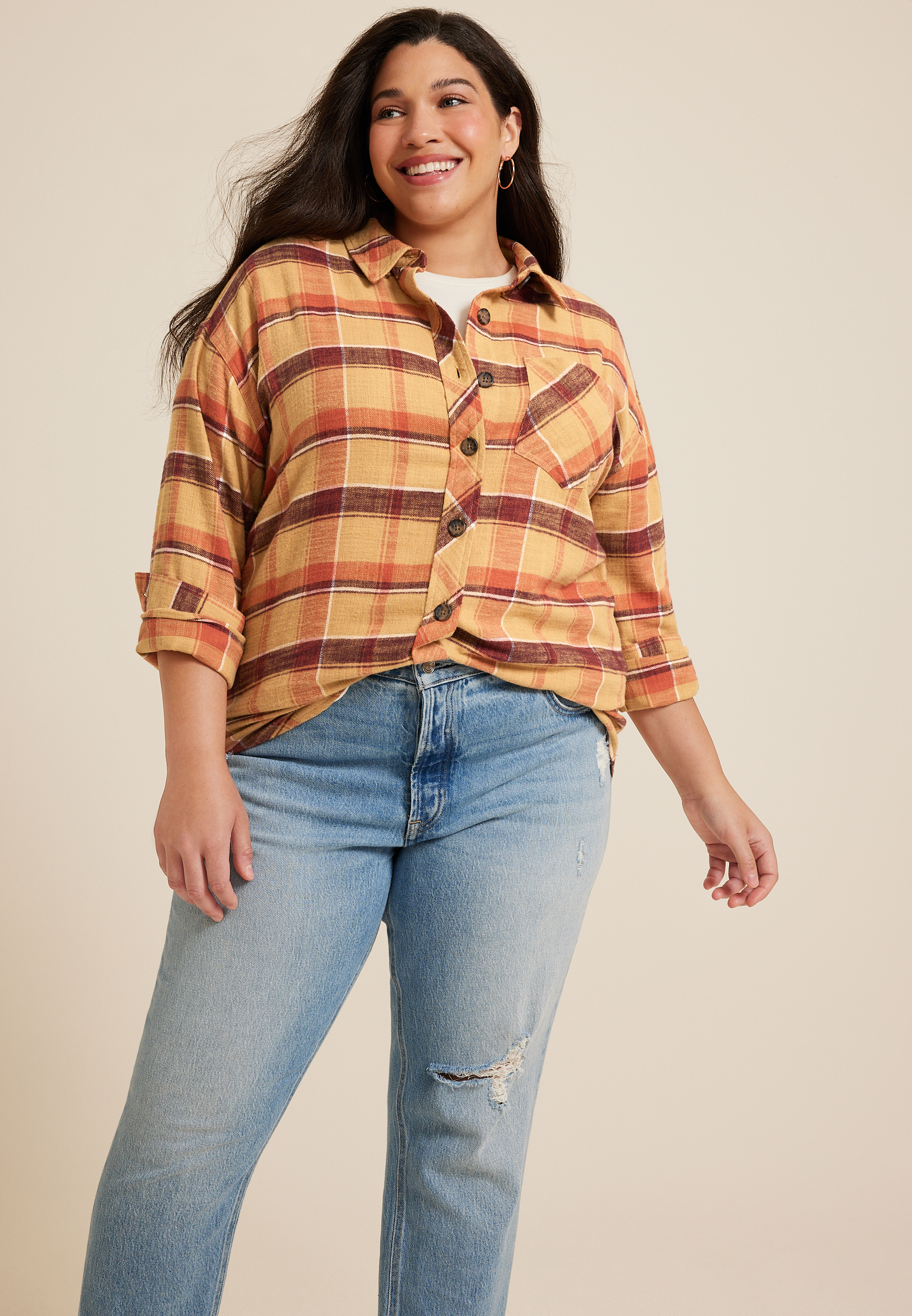 Plus Plaid Pumpkin Graphic Back Oversized Button Down Shirt