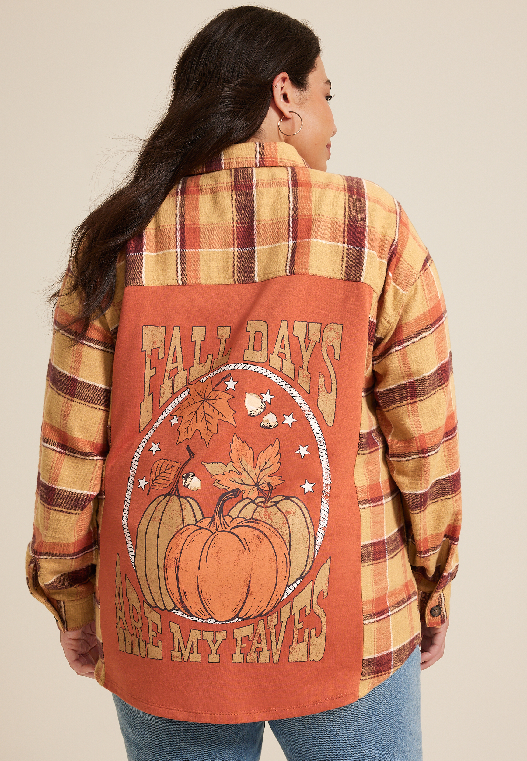 Plus Size Plaid Pumpkin Graphic Back Oversized Button Down Shirt, C9195, large
