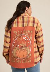 Plus Size Plaid Pumpkin Graphic Back Oversized Button Down Shirt, C9195, small