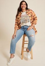 Plus Size Plaid Pumpkin Graphic Back Oversized Button Down Shirt, C9195, small