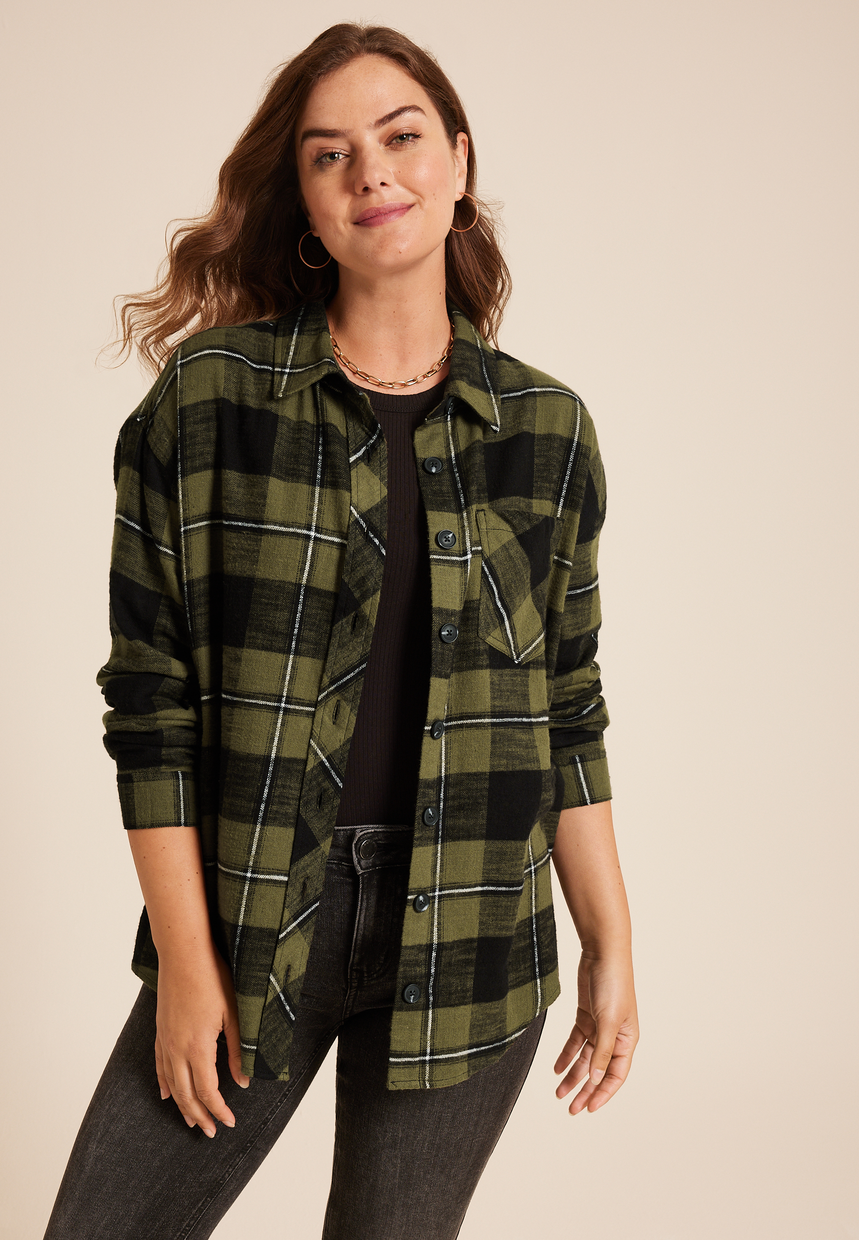 Plaid Stay Magical Graphic Back Oversized Button Down Shirt