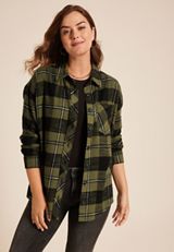 Plaid Stay Magical Graphic Back Oversized Button Down Shirt, C9713, small