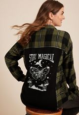Plaid Stay Magical Graphic Back Oversized Button Down Shirt, C9713, small