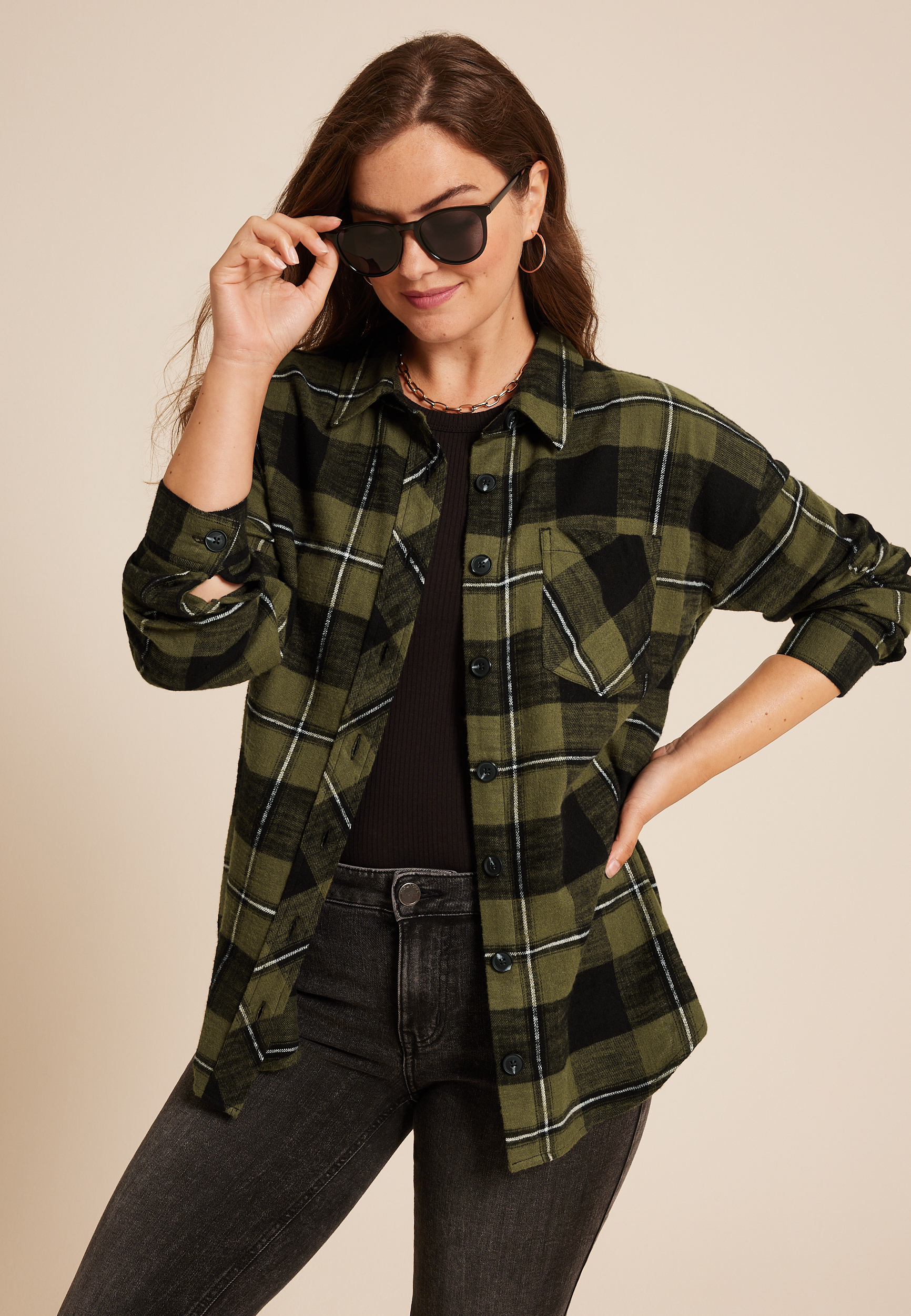 Plaid Stay Magical Graphic Back Oversized Button Down Shirt, C9713, large