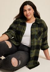 Plus Size Plaid Stay Magical Graphic Back Oversized Button Down Shirt, C9713, small