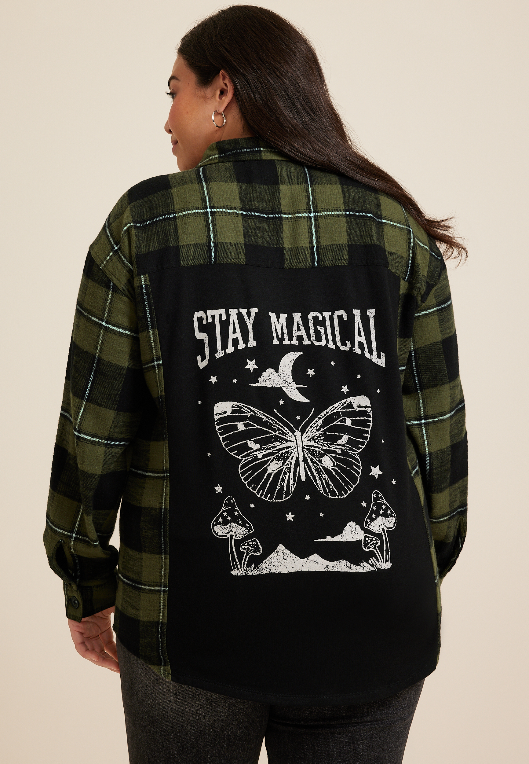 Plus Size Plaid Stay Magical Graphic Back Oversized Button Down Shirt, C9713, large