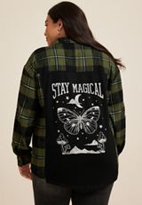 Plus Size Plaid Stay Magical Graphic Back Oversized Button Down Shirt, C9713, small