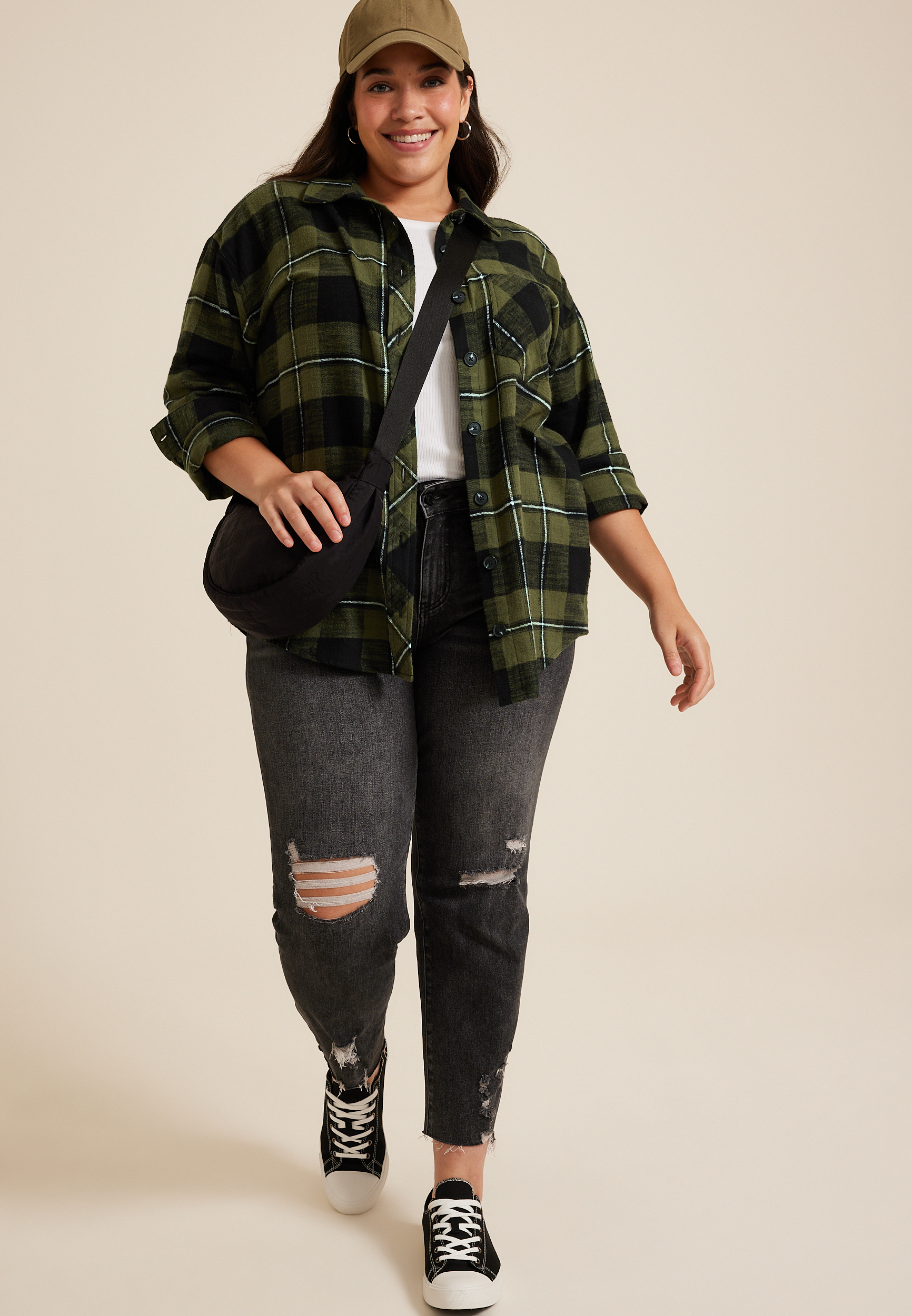 Plus Size Plaid Stay Magical Graphic Back Oversized Button Down Shirt, C9713, large