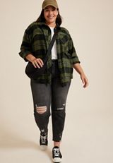 Plus Size Plaid Stay Magical Graphic Back Oversized Button Down Shirt, C9713, small