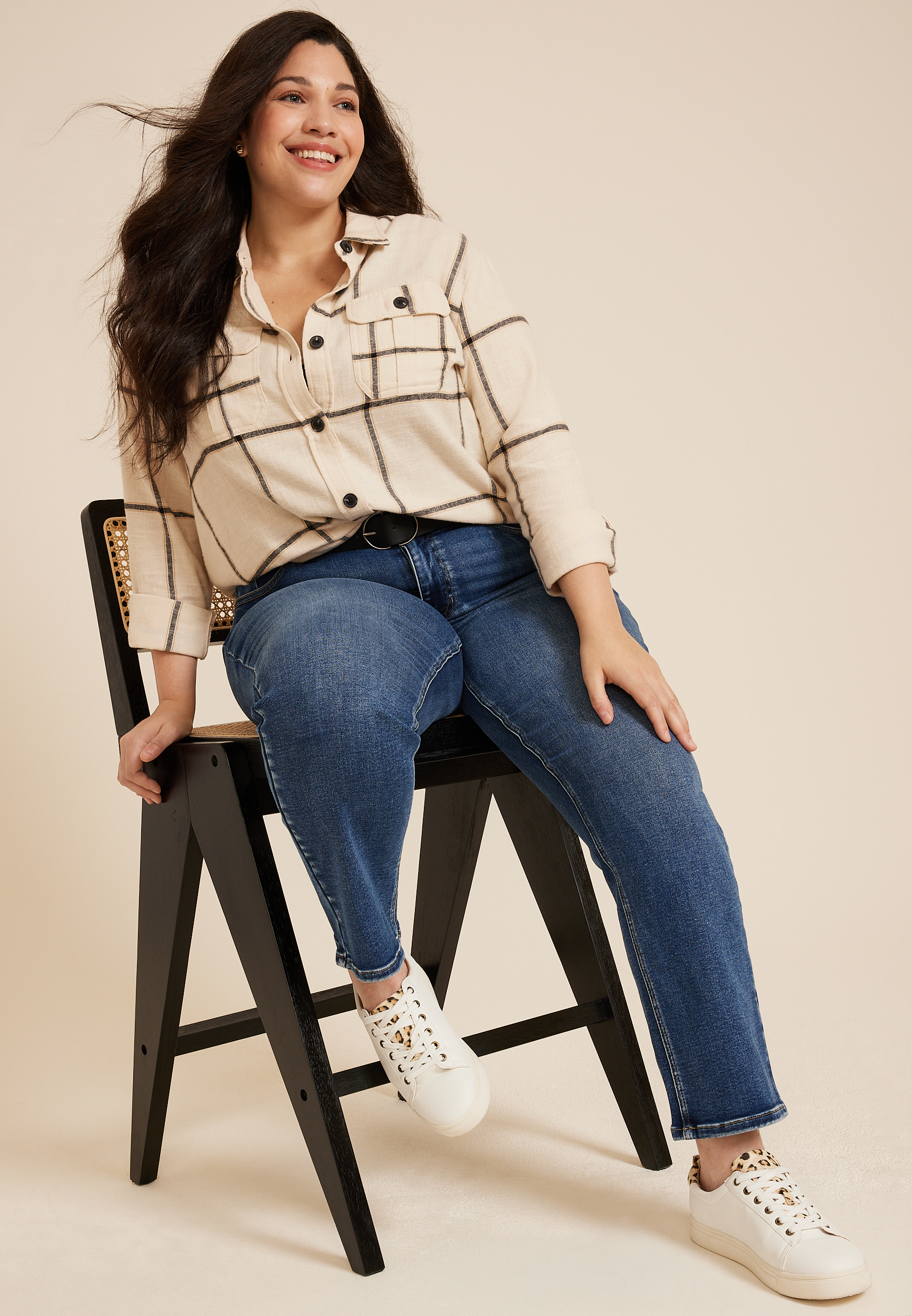 Plus Size Utility Windowpane Button Up Shirt, C6074, large