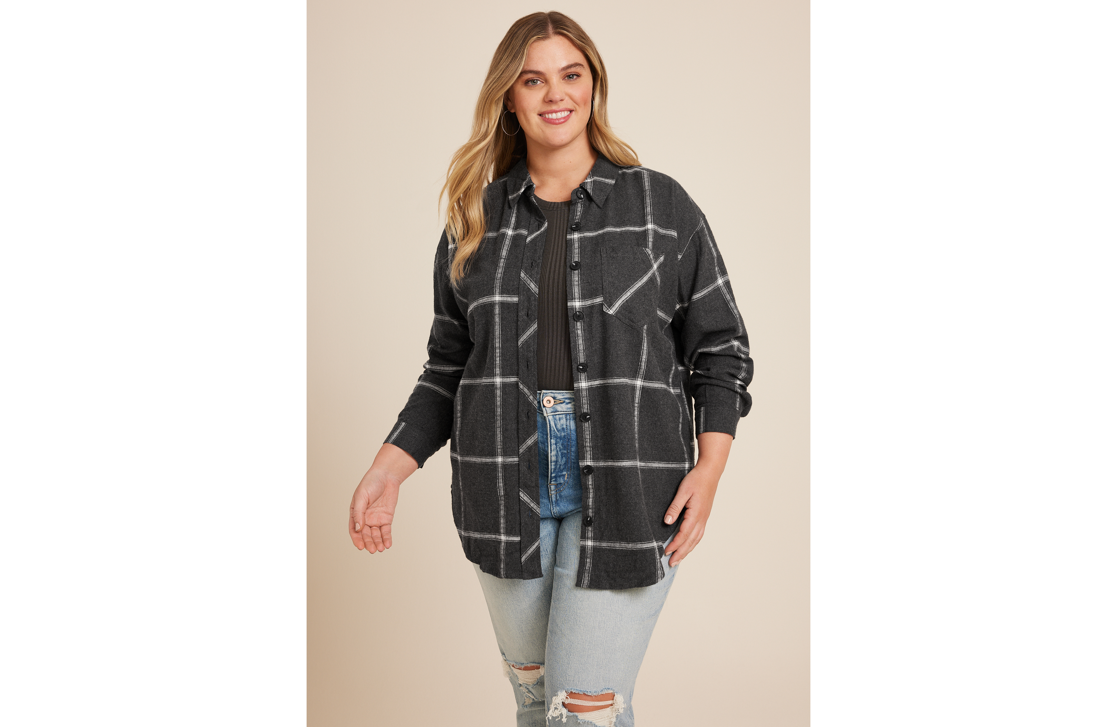 Plus Cabin Windowpane Boyfriend Button Down Shirt
