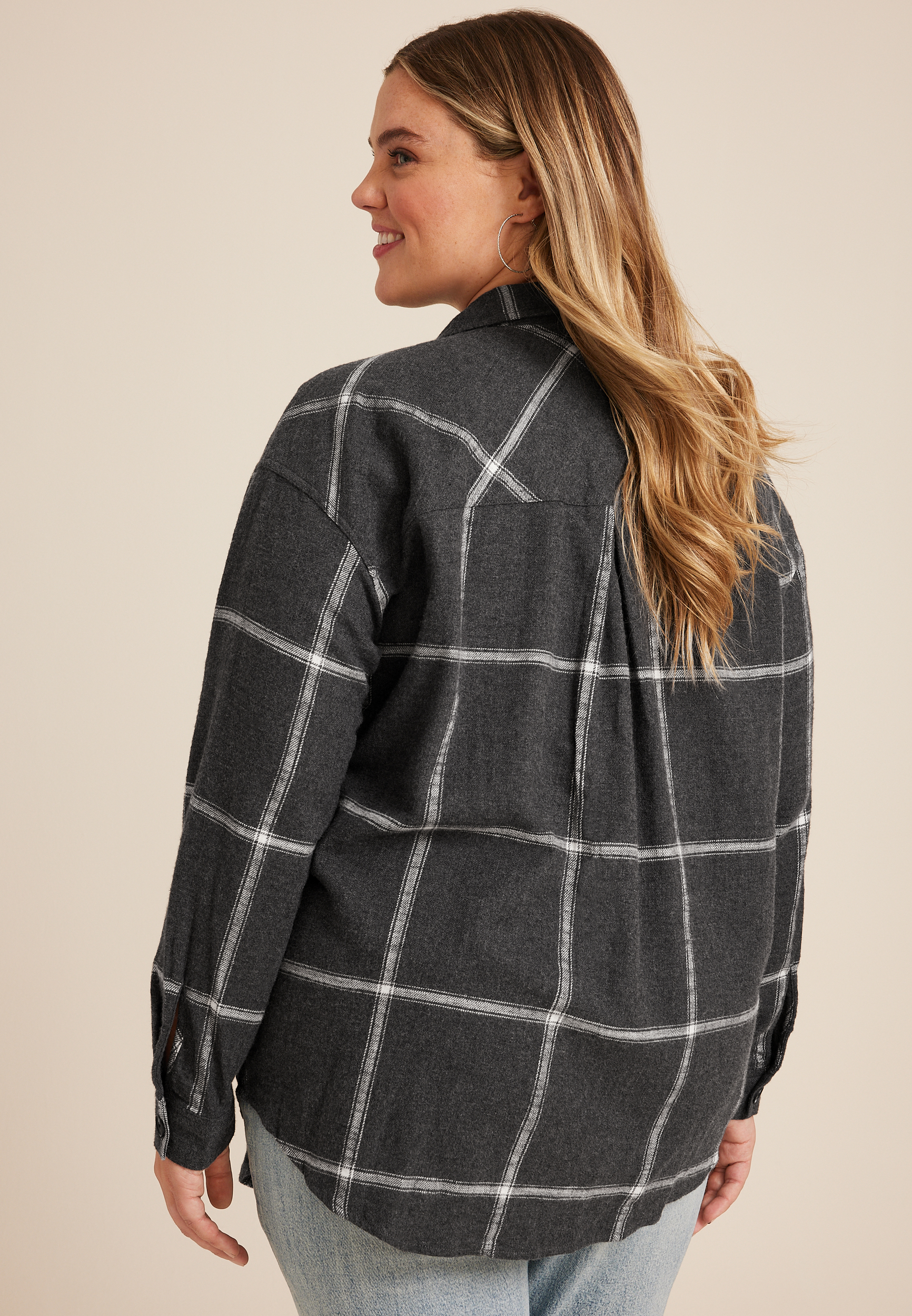 Plus Size Cabin Windowpane Boyfriend Button Down Shirt, C3511, large