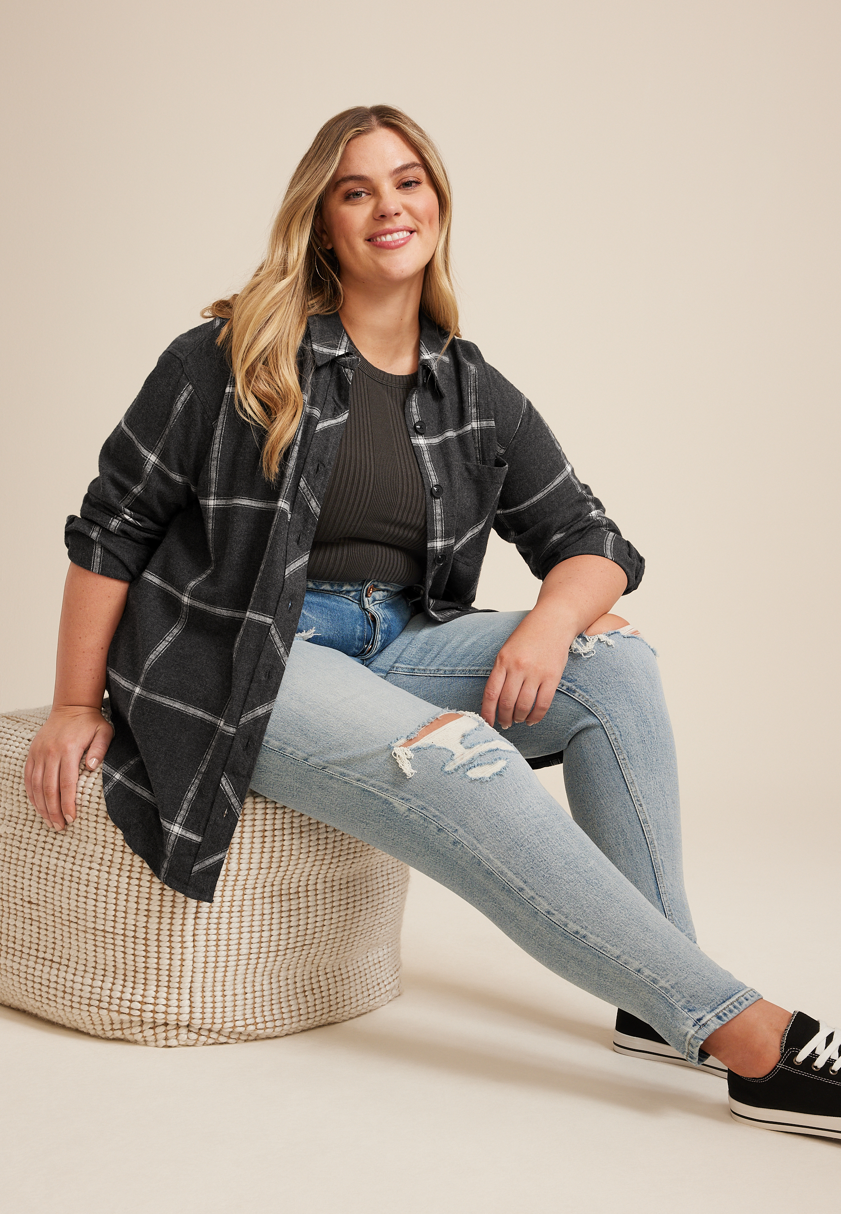 Plus Size Cabin Windowpane Boyfriend Button Down Shirt, C3511, large