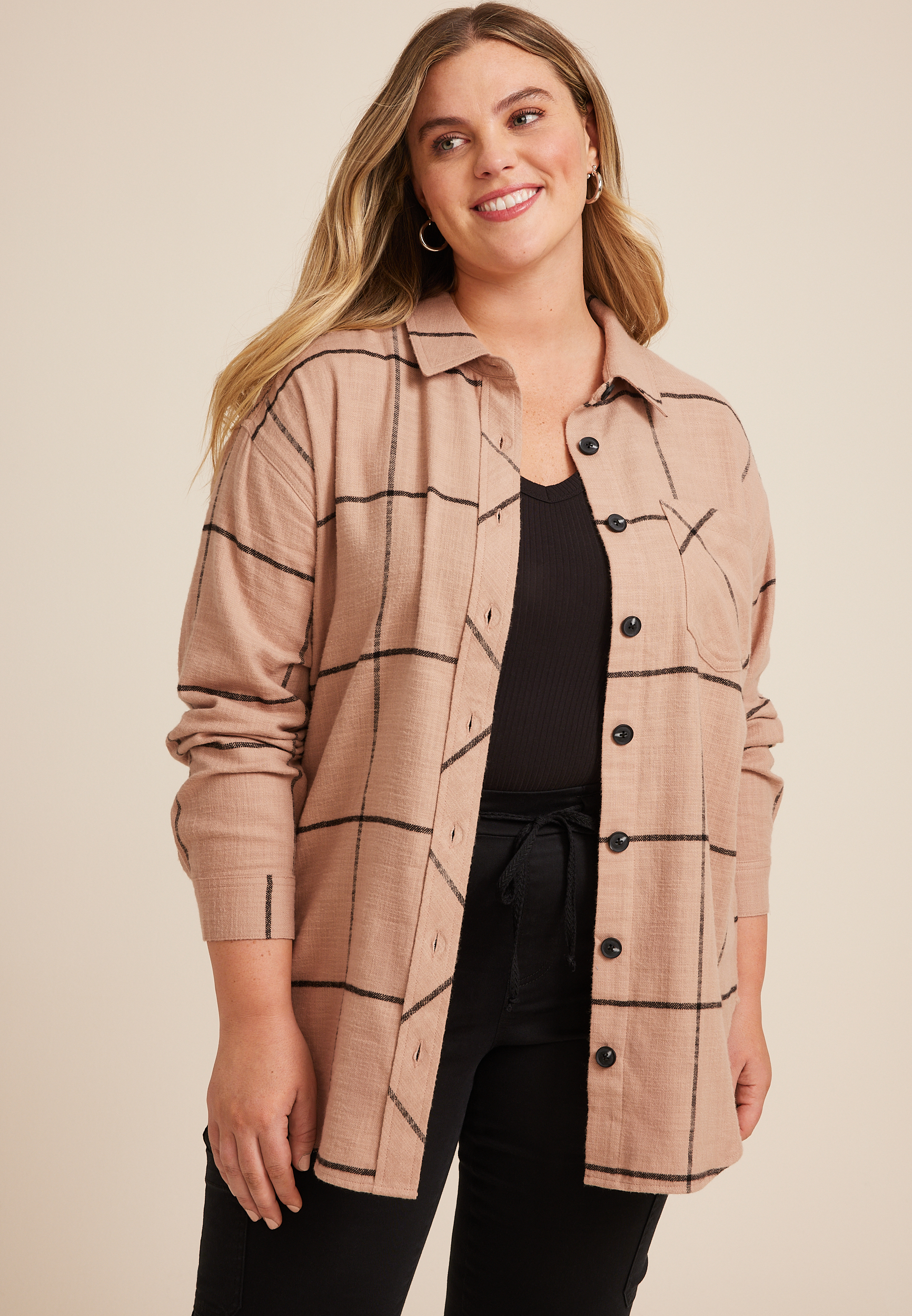 Plus Size Cabin Windowpane Boyfriend Button Down Shirt