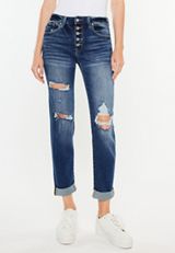 KanCan&trade; Ripped High Rise Button Fly Relaxed Girlfriend Jean, DARK SANDBLAST, small