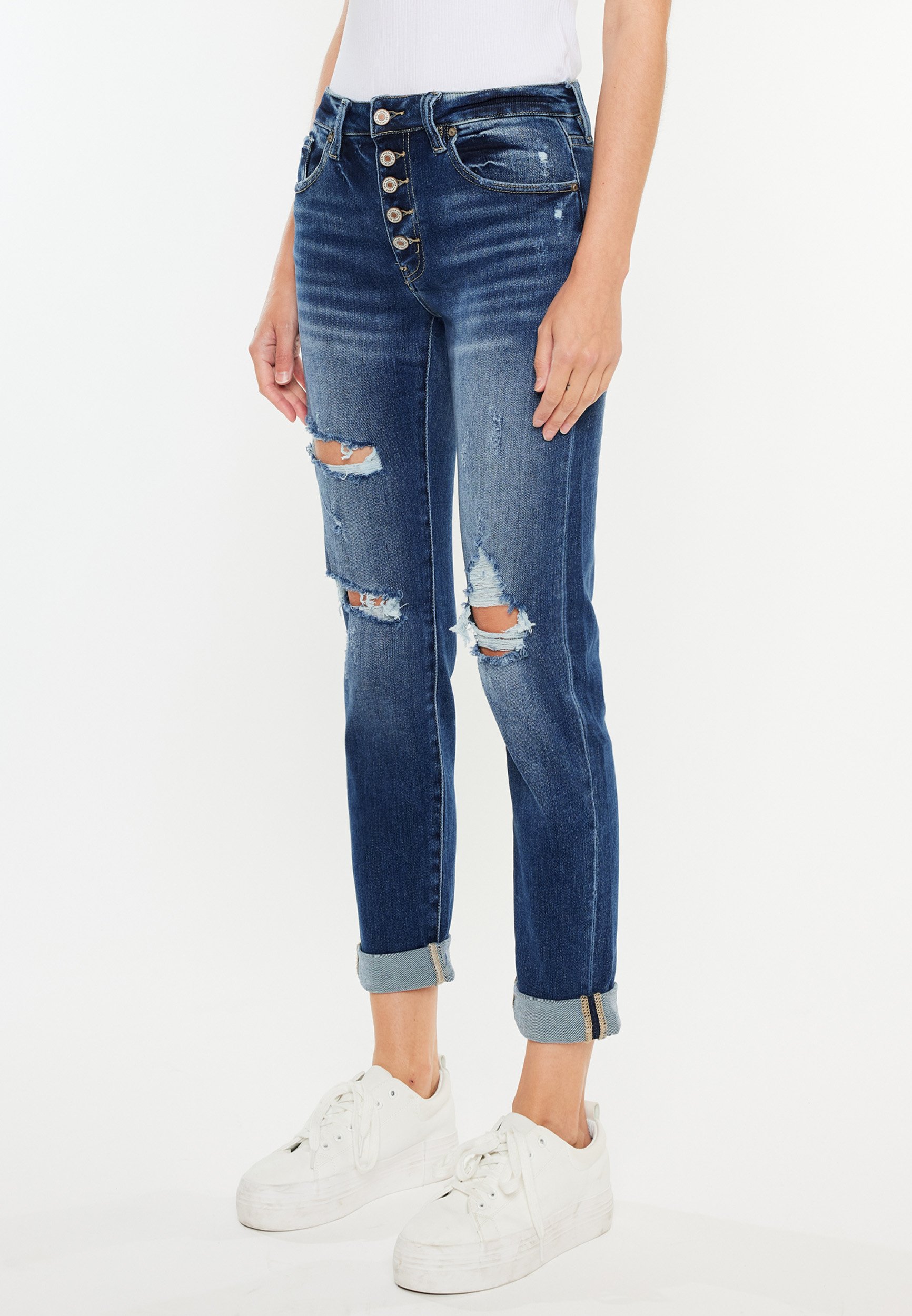 KanCan&trade; Ripped High Rise Button Fly Relaxed Girlfriend Jean, DARK SANDBLAST, large