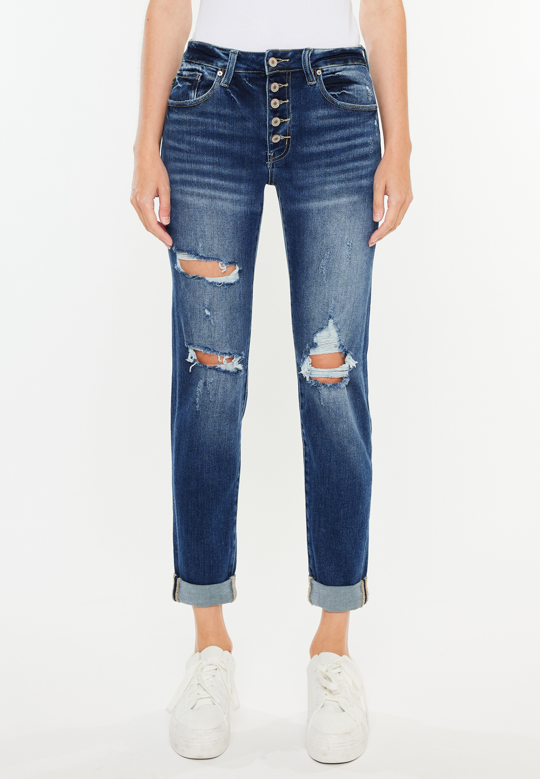 KanCan&trade; Ripped High Rise Button Fly Relaxed Girlfriend Jean, DARK SANDBLAST, large