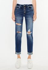 KanCan&trade; Ripped High Rise Button Fly Relaxed Girlfriend Jean, DARK SANDBLAST, small