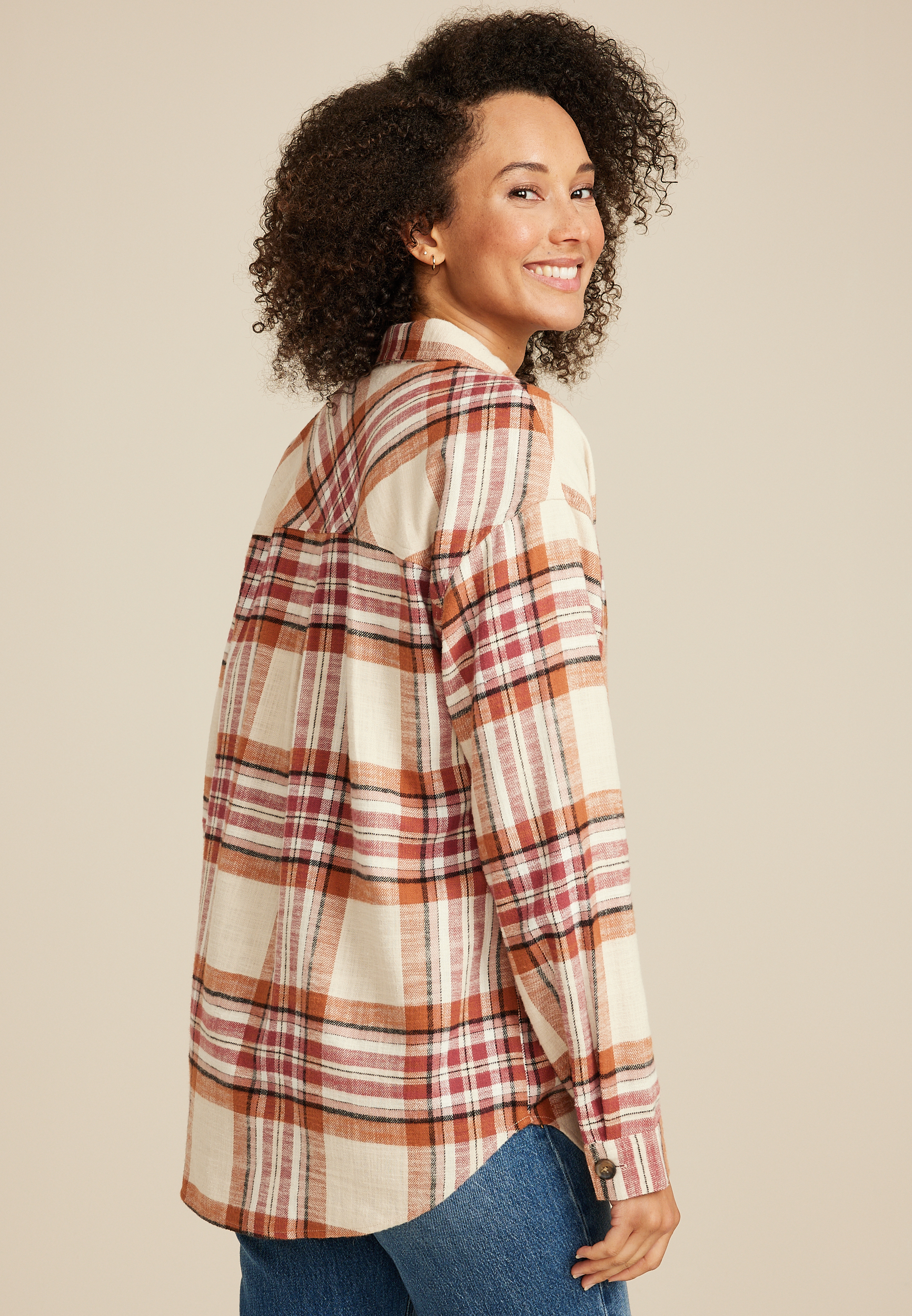 Cabin Plaid Boyfriend Button Down Shirt, C3986, large