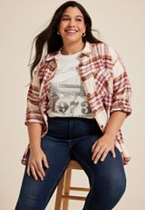 Plus Size Plaid Boyfriend Button Down Shirt, ECRU COMBO, small