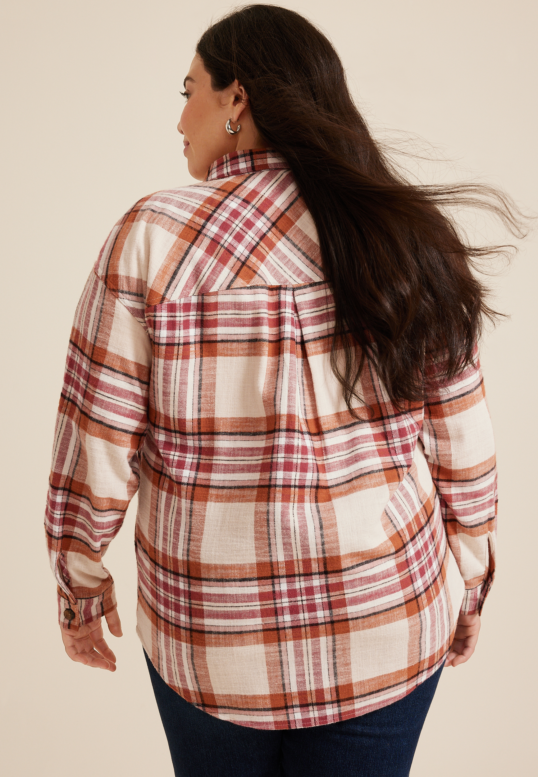 Plus Size Plaid Boyfriend Button Down Shirt, ECRU COMBO, large