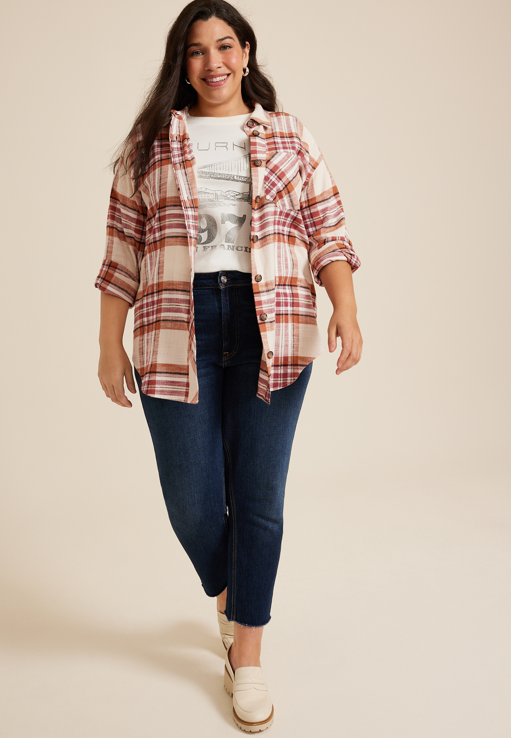 Plus Size Plaid Boyfriend Button Down Shirt, ECRU COMBO, large