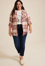 Plus Size Plaid Boyfriend Button Down Shirt, ECRU COMBO, small