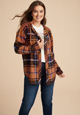 Cabin Plaid Boyfriend Hooded Button Down Shirt, C7305, small