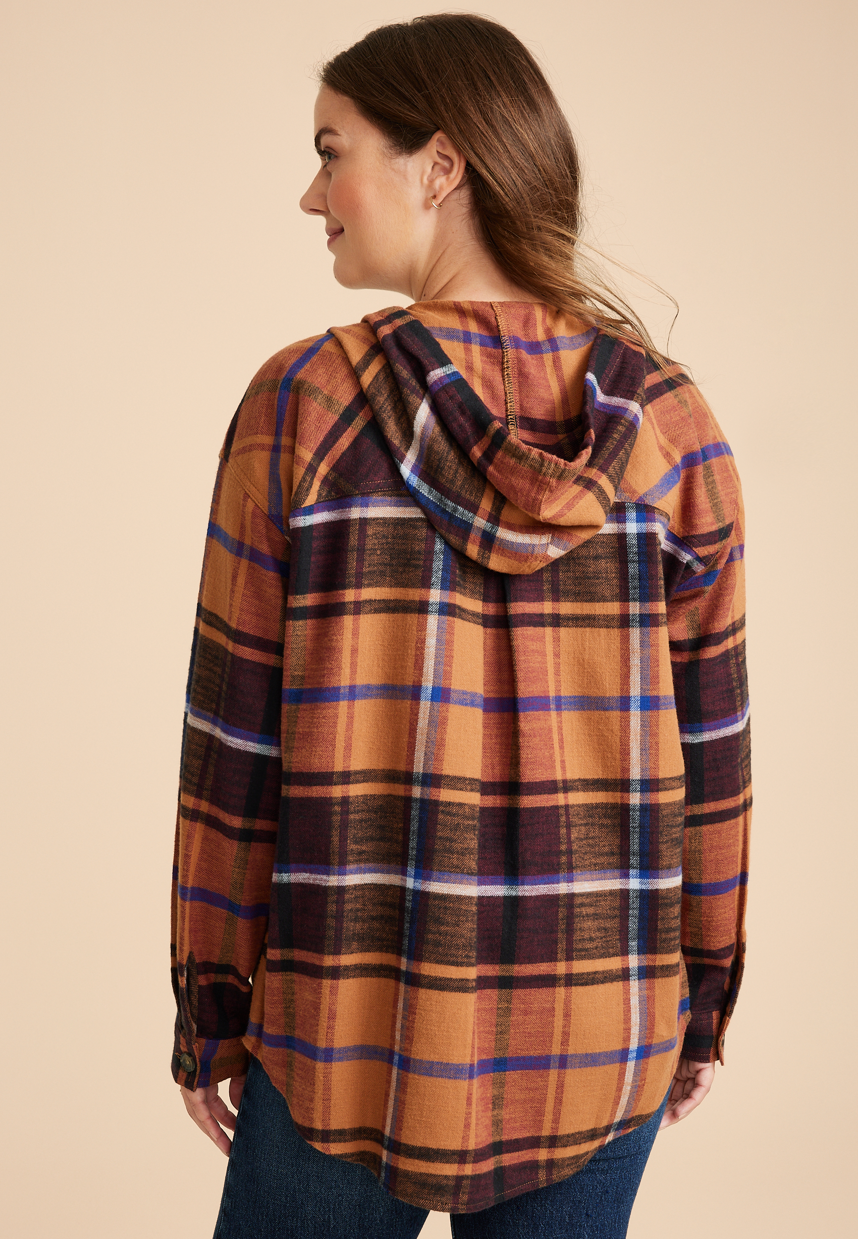 Cabin Plaid Boyfriend Hooded Button Down Shirt, C7305, large