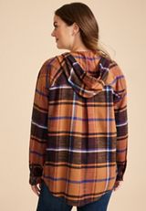 Cabin Plaid Boyfriend Hooded Button Down Shirt, C7305, small