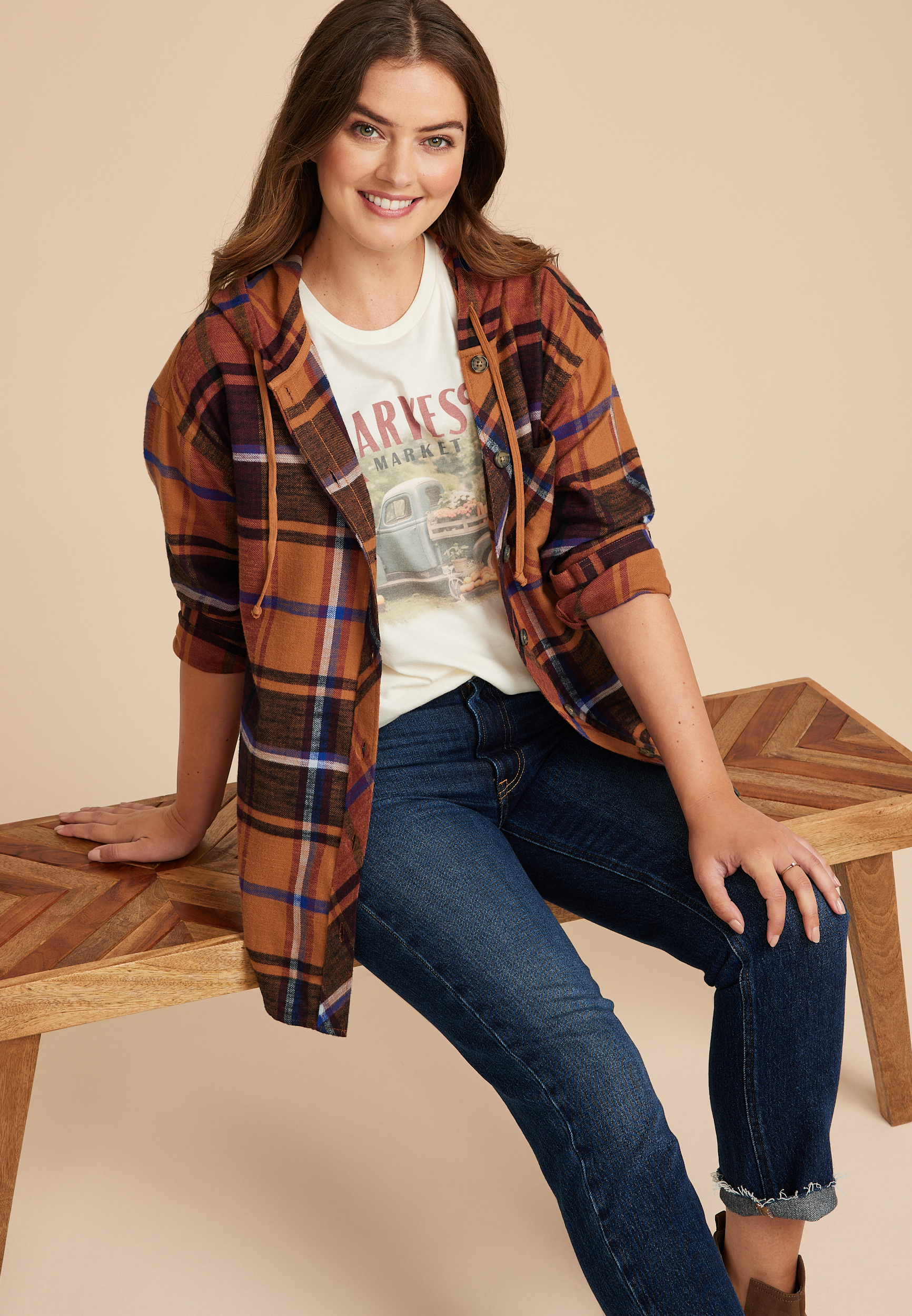 Cabin Plaid Boyfriend Hooded Button Down Shirt, C7305, large